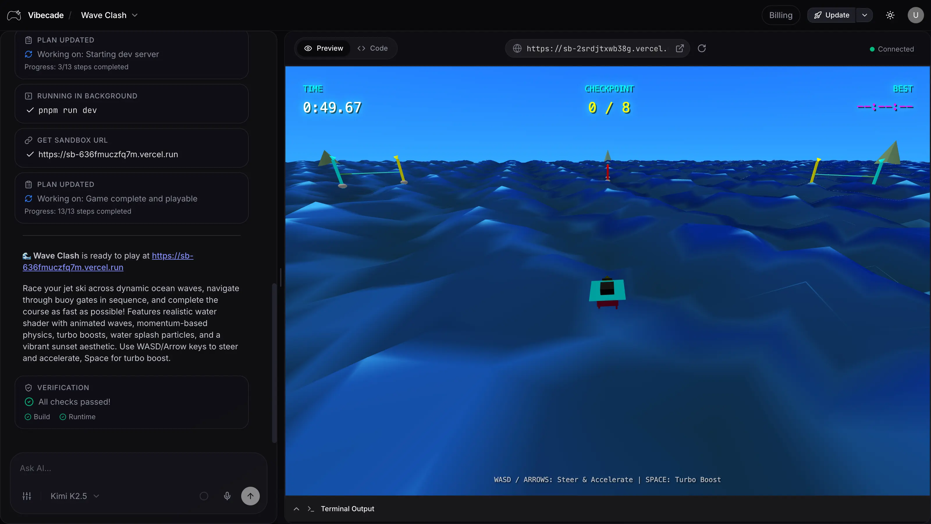 Vibecade workspace — AI chat, code editor, and live game preview